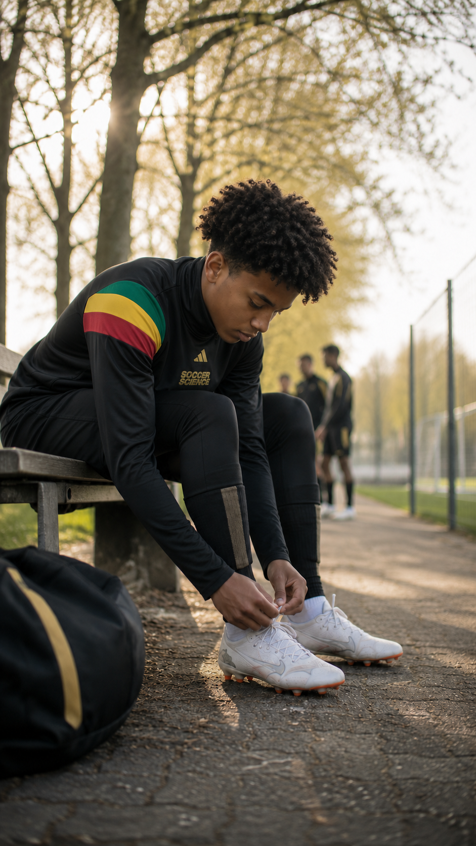 Voetbalschoenen worden gestrikt voor de training